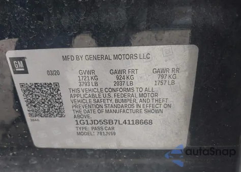 2020 Chevrolet Sonic Fwd Lt z USA, uszkodzony, nr VIN 1G1JD5SB7L4118668